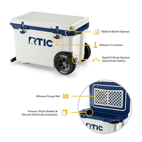 Image of RTIC 52 Quart Ultra-Light Wheeled Hard Cooler Insulated Portable Ice Chest Box for Beach, Drink, Beverage, Camping, Picnic, Fishing, Boat, Barbecue, 30% Lighter Than Rotomolded Coolers