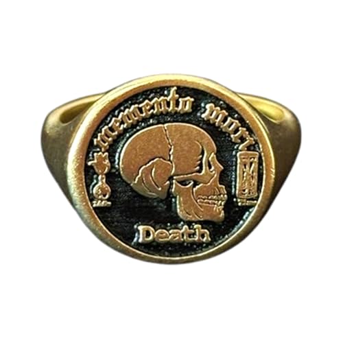 Bague plaquée or avec crâne martelé argent 925 et chevalière ronde 15 x 15 mm taille 5-12.5 US