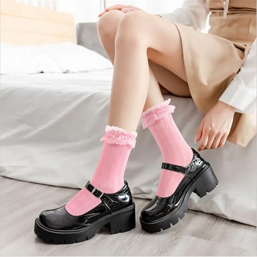 Image of Women Lace Ruffle Socks White Black Frilly Lolita Crew Dress Socks