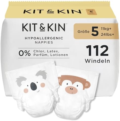 Kit & Kin Premium Windeln Größe 5 (11+ kg) 112 Stück, Pflanzliche & Hypoallergene Babywindeln, Zuverlässiger Auslaufschutz, Vegan & Tierversuchsfrei