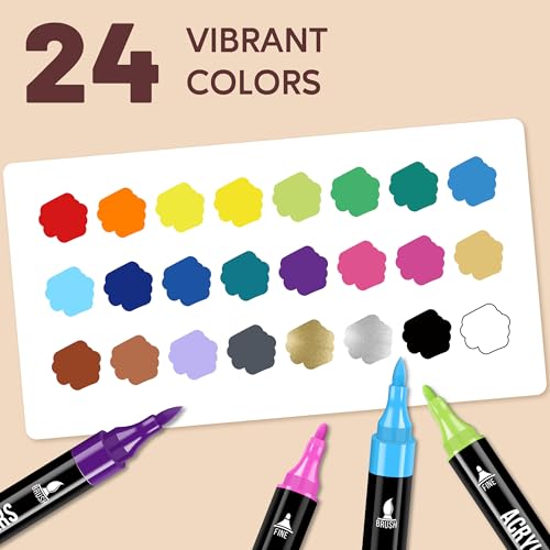 Image of Pagather 24 Colors Acrylic Paint Markers, Dual Tip with Fine Tip and Brush Tip Pens for Stone, Wood, Calligraphy, Canvas, Ceramic, Metal, Glass, Rock Painting, DIY Crafts Art Supplies Kit