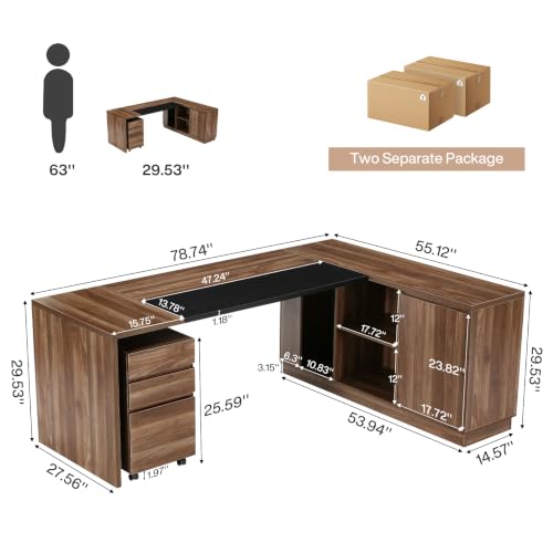 Image of Tribesigns 78.7-Inch L-Shaped Executive Desk with Mobile File Cabinet | Extra Large Office Desk with Under Desk Filing Cabinet, CPU stand, Open Shelves, and Storage Cabinet, Brown & Black