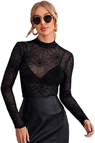 Floerns Women's Star Mesh See Through Mock Neck Long Sleeve Tops Tee T-Shirt Black Spider M