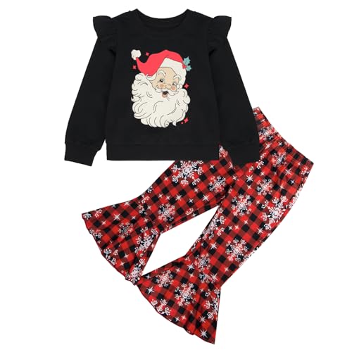 tagyum Toddler Girl Christmas 2 Piece Outfit Long Sleeve Ruffle Shirt Santa Red Plaid Little Girls Flared Pants Set Fall Winter Clothes 12 18 24 Months