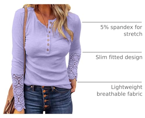 Image of Kancystore Women's Fall Long Sleeve Tops Lace V Neck Button Down Henley Shirts Tunic Blouses