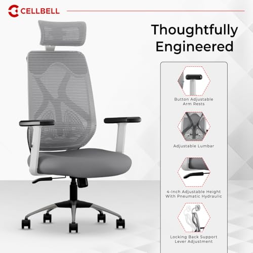 CELLBELL C190 Berlin Office Chair, High Back Mesh Ergonomic Home Office Desk Chair (Grey - White) - Image 5