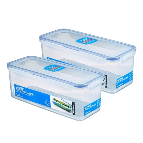 LocknLock HPL844 - Juego de 2 botes de almacenamiento con rejilla de drenaje de 2 litros - Dimensiones (largo x ancho x alto): 278 x 115 x 103 mm - latas adecuadas para congelar y microondas Lock and