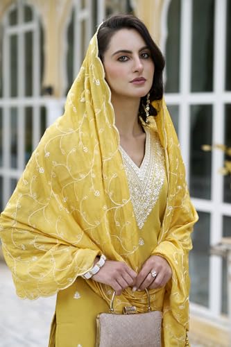 Image of VredeVogel Women's Silk Blend Kurta Pant Set with Chanderi Embroidery Work Dupatta