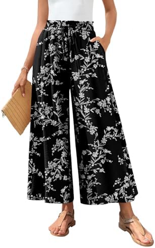 Bestbee Womens Plus Size Palazzo Pants Dressy Casual Wide Leg Slacks Elastic Waist Business Flowy Pants with Pockets, XL, Black-White Flower