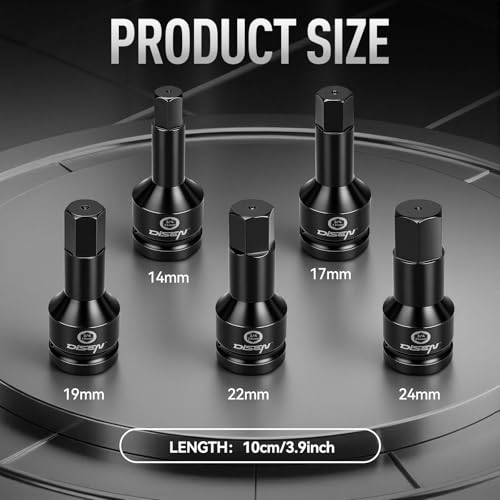 Image of DISEN 3 /4 Inch Drive Impact Hex Driver Set, 5-Piece, Metric, 14mm, 17mm, 19mm, 22mm, 24mm, CR-MO Steel, Professional Mechanic Repair 3 /4 inch Hex Socket Set