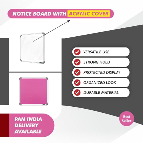 Image of YAJNAS 2x2 Feet Premium Material Pink Designed Notice Board with Acrylic Door /Soft Board /Bulletin Board /Pin-up Display Board for Study Room, Office, School & Home Use