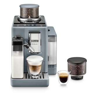 De'Longhi Rivelia EXAM440.55.G, Machine À Café Grain Automatique, Grains Fraîchement Moulus, Bac à Grains Interchangeable, Carafe à lait Automatique, 16 Recettes, Écran Tactile Couleur, Gris