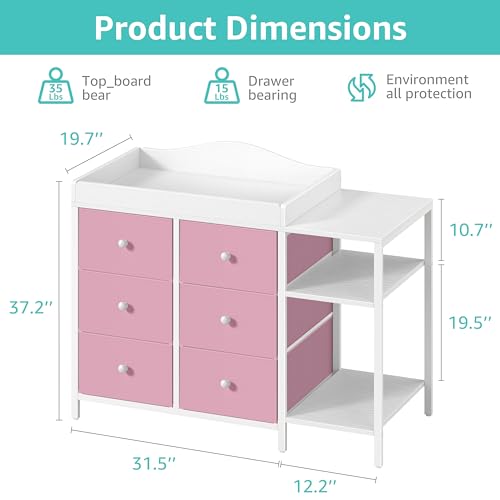 Image of BOLUO Baby Dresser with Changing Table Top, Changing Table Dresser with 6 Fabric Drawers Diaper Changing Station with Storage Shelf for Nursery Modern