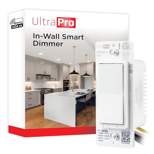 UltraPro Z-Wave Plus Long Range in-Wall Smart Dimmer for Smart Home Automation, 1 Pack, Plastic Yoke, Flying Leads, Single-Pole/3-Way, Hub Required, 76602