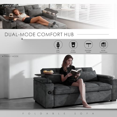 Image of Dreamzie 65'' 3 in 1 Convertible Sleeper Sofa Bed, Chenille Pull Out Couch for Living Room with 90 Swivel Side Table, Loveseat Sleeper with Charging Port | Side Pocket | Cup Holders, Grey