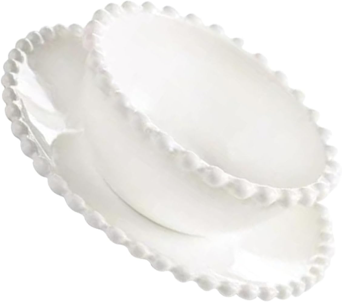 Ceramic Dessert Bowl and Plate Set 8-inch White Pearl Pattern Embossed Food Serving Dish for Kitchen and Party Use