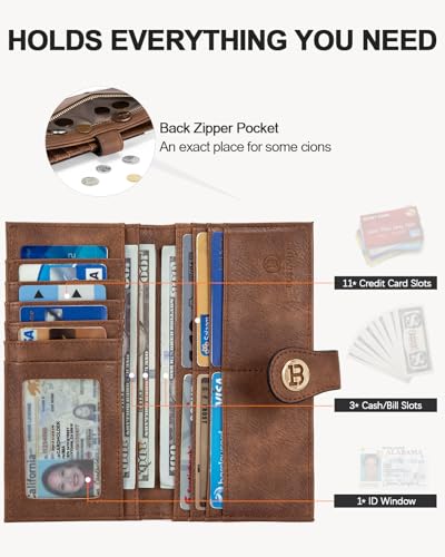 Image of BOSTANTEN Slim Wallet Women Leather RFID Blocking Credit Card Holder Bifold Thin Wallet with Zipper Pocket Brown Cow Print