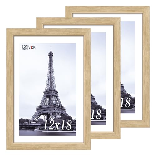 Image of VCK 12x18 Frames 3 Pack, Natural Poster Frame MDF Wood with Polished Plexiglass, Wall Mounting Horizontal & Vertical Display