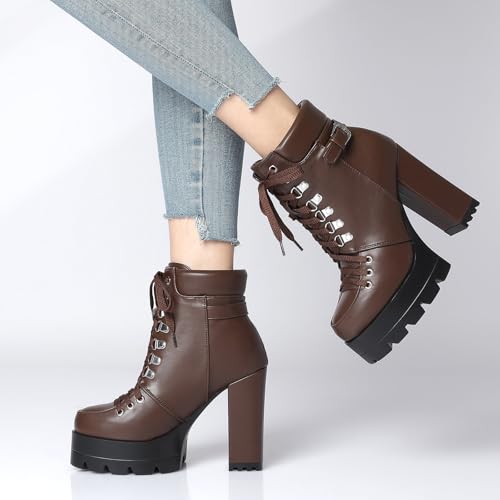 Image of Susanny Sexy High Heels for Women Boots Round Toe Platform Booties Lace Up Suede Side Zipper Ankle Bootie