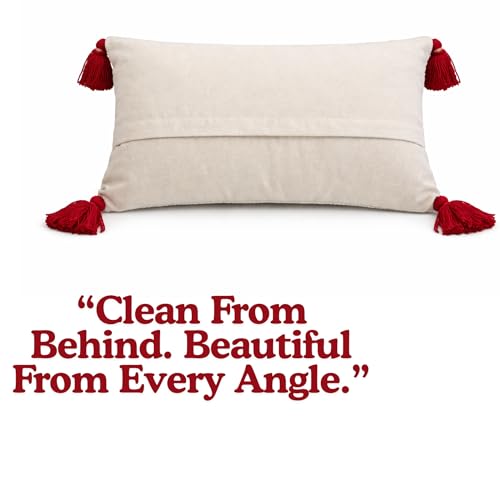 Image of Embroidered Floral Lumbar Throw Pillow Cover with Filler, Red Tassels, 12x20 Inches