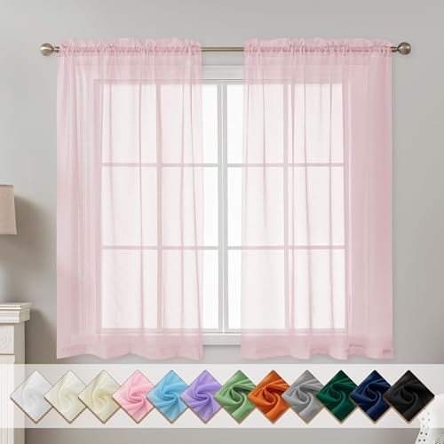 Image of Pink Sheer Curtains 54 Inch Length, Privacy Semi Sheer Curtains for Dining Room Kitchen, Light Filtering Rod Pocket Voile Window Drapes 2 Panels Set, Each 42 inch W x 54 inch L