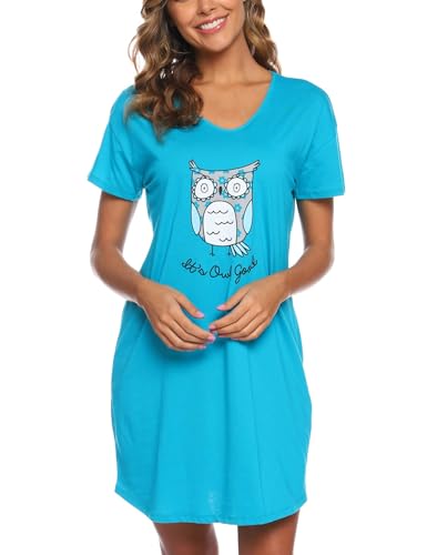 Image of ENJOYNIGHT Womens Cotton Nightgown Short Sleeve Sleepshirt Print Nightshirt | Short-Sleeve Crew Neck, Soft Cotton Fabric, Cartoon Printed Sleep Shirt, Loose Fit