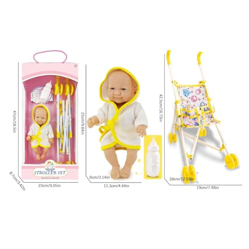 Cochecito plegable con accesorios y botella para juego de muñecas 5