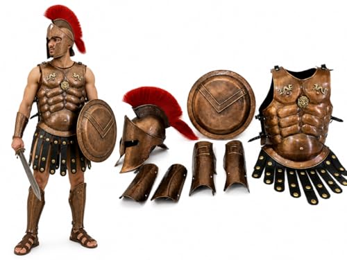 THOR INSTRUMENTS Medieval King Spartan Copper 300 Helmet W/RED Plume Muscle Jacket Leg ARM Guards Rustic Vintage Home Decor Gifts