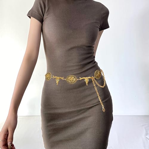 Fold Belts for Women, Adjustable Boho Retro Chain Belt, Metal Waist Chain Belt for Dresses Jeans Western Cowgirl4