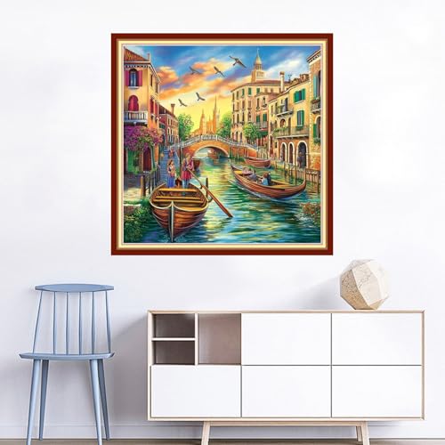 Image of Joyhoor Cross Stitch Kits for Beginners Stamped Cross-Stitch Supplies Needlework preprint Embroidery Kits for Adults DIY Needlepoint Kits Embroidery Patterns 11CT-Waterfront City 18x18 inchs