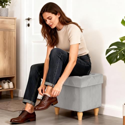 Image of CAROLMADE Folding Storage Ottoman Cube Velvet Footstool with Wood Legs Ottoman Footrest for Living Room and Bedroom, Grey 15 inchx12.6 inchx15.4 inch