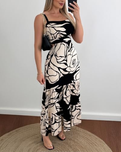 Image of CHICME Summer Dresses for Women 2026 Sleeveless Casual Boho Maxi Dress Square Neck Cut Out Floral A Line Dress