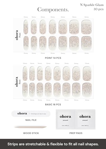 ohora Semi Cured Gel Nail Strips (N Sparkle Glam) - Salon-Quality, Long Lasting, Easy to Apply & Remove - Includes 2 Prep Pads, Nail File & Wooden Stick - Image 5