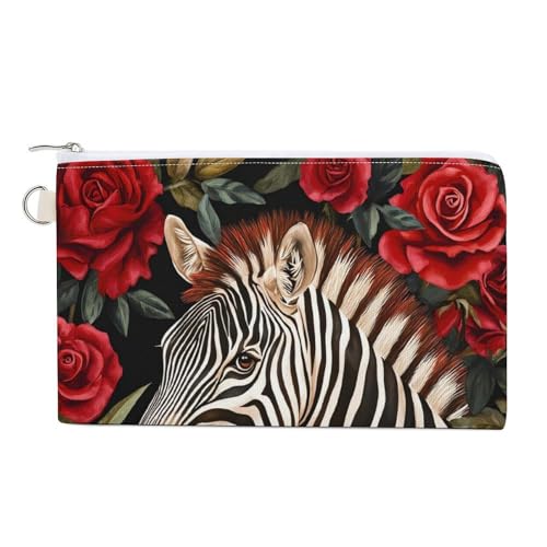 Floral Zebra Coin Purse Canvas Change Pouch Portable Pocket Wallet Mini Storage Bag with Zippered Keychain