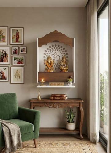 Image of Crosscut Wooden wall Hanging mandir, Temple for Home and Office Pooja (Dual Arch Design)