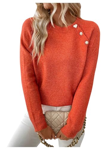 RoseSeek Womens Button Down Knitted Sweaters Crew Neck Long Sleeve Jumper Fall Tops Burnt Orange Medium