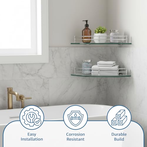 Image of Amazon Basics Glass Bathroom Corner Shelf with Stainless Steel Railings | Pack of 3 | Transparent | 9x9 Inch | Rust-Resistant Space-Saving Storage | 23D x 23W x 6H cm