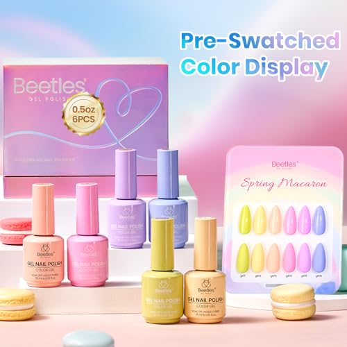 Image of Beetles Pastel Gel Polish Set - Spring Macaron Collection, 6 Colors 15ML Full Size Pastel Bright Colors Gel Polish with Color Swatch, Soak Off UV LED Nails Art Kit for Women