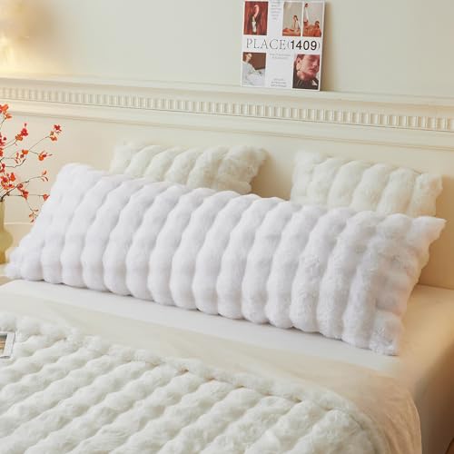 LIFEREVO Fluffy Faux Rabbit Fur Body Pillow Cover, Luxury Bubble Waffle Shaggy Plush Bed Body Pillowcase with Zipper Closure, Long 20