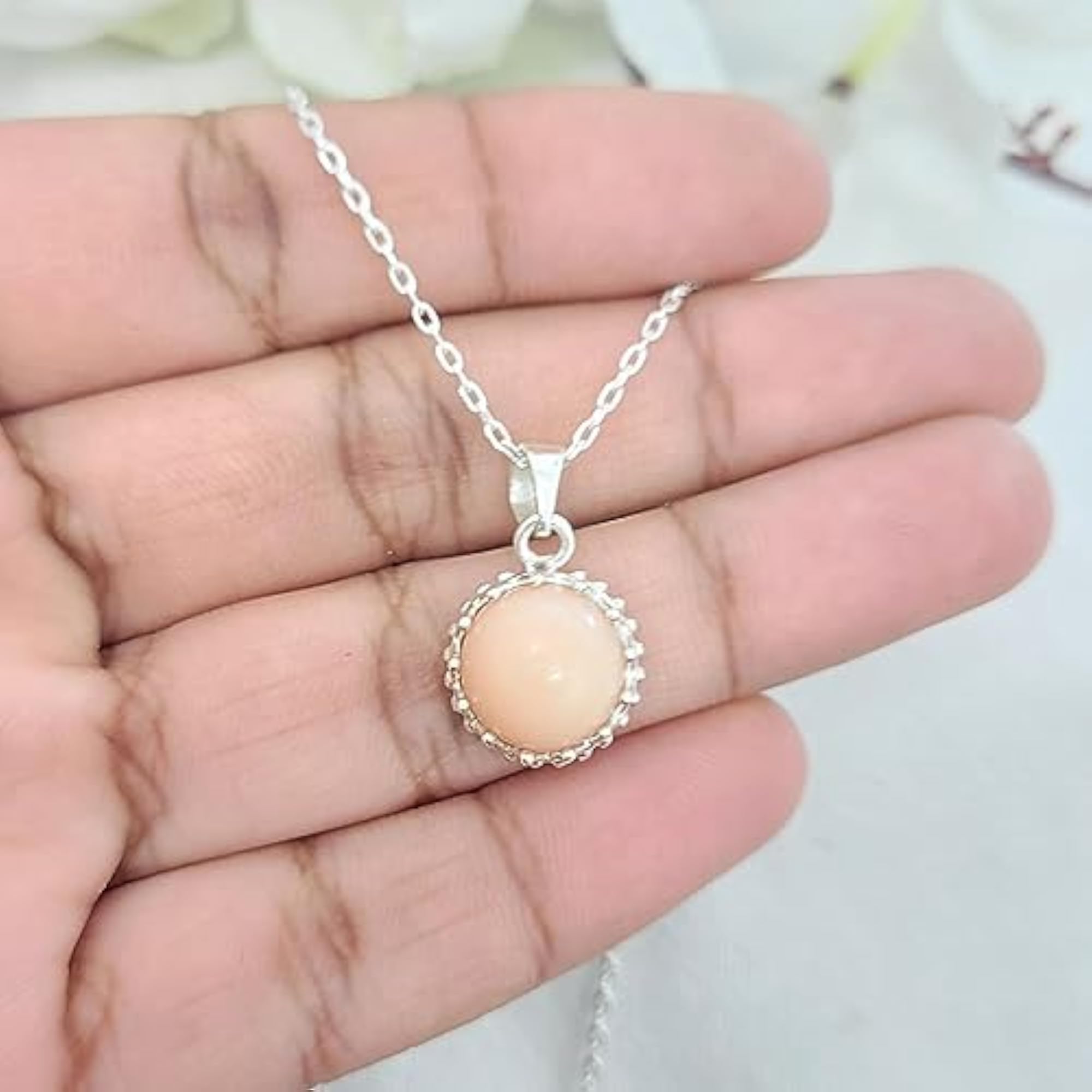 Women's 925 Sterling Silver Pink Opal Pendant Necklace, Birthstone