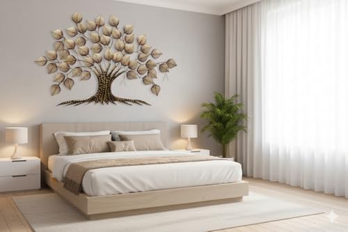 Image of Bharat Art Big Tree Metal Wall Art with LED Light | Handcrafted Iron Tree Wall Hanging for Living Room, Bedroom, Hall, Office & Entrance | Pan Tree 2 Golden (W244) | Size: 58x2x36 Inch - W244