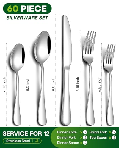 Image of PHILIPALA 60 Piece Silverware Set, Stainless Steel Flatware Set for 12 Food Grade Novelty Flatware Cutlery Utensil Set Include Knife Fork Spoon Mirror Polished Dishwasher Safe