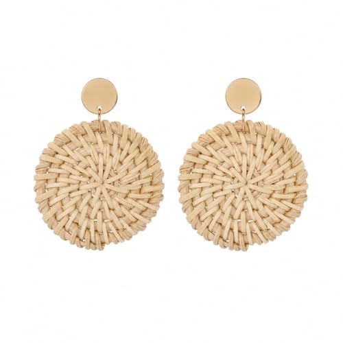 Handmade Raffia Rattan Bohemian Dangle Earrings for Women Woven Rattan Round Drop Dangle Earrings Beach Jewelry (Round B)