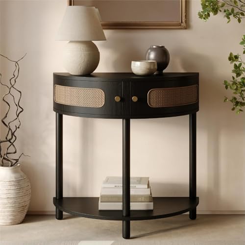 Stead Rattan Half Moon Shaped Small Entry Table, Console Desk with Storage for Narrow Spaces, Modern Home Decor, Cane Console Table, Solid Wood Entryway Desk with Two Doors & Brass Knobs (Black Oak)