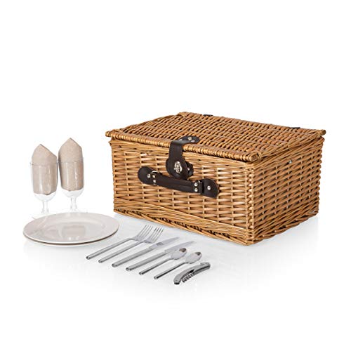 Image of PICNIC TIME Classic Picnic Basket for 2, Romantic English-Style Wooden Wicker Basket with Deluxe Service for 2, Fully-Lined Interior, Leatherette Lid-Locking Buckle, and Carry Handle, (Beige Canvas)