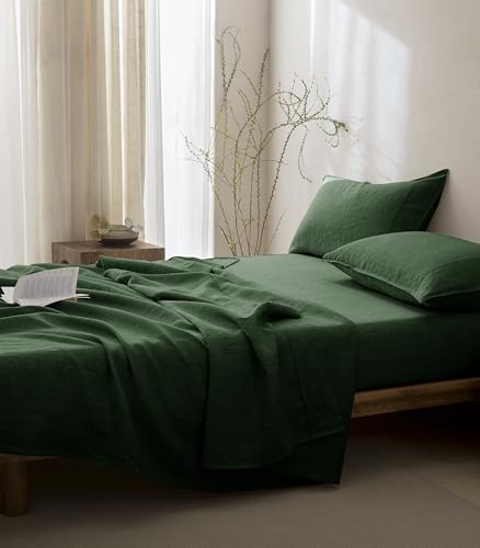 Talasily 100% French Pure Linen Sheets Set California King Size,Oeko-TEX Certified Bedding, All-Season Breathable for Hot Sleepers,16 Inch Deep Pocket Machine Washable 4-Piece (Forest Green)