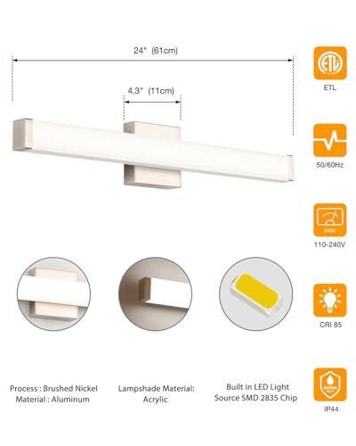 Image of 24 inch LED Bathroom Vanity Light14W Brushed Nickel 4000K Square | Natural White Light,Wall Bar Lighting,Rust & Moisture Resistant, Energy-saving, moisture-proof, for bathroom dresser mirror