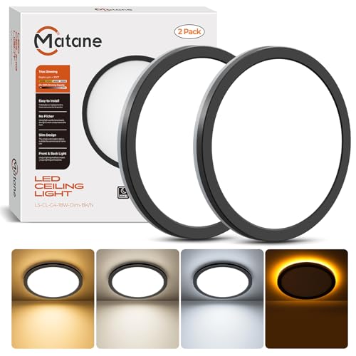 Matane 2Pack Dimmable Flush Mount Ceiling Light Fixture with Night Light, 18W 3000K 4000K 5000K, LED Low Profile Ceiling Lights for Bedroom Hallway Kitchen, 8.7inch Black Round