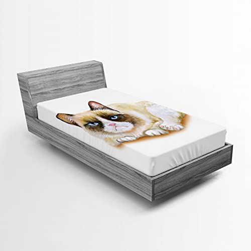 Ambesonne Animal 2 Pack Fitted Sheet, Grumpy Angry Cat Love, Bed Cover All-Round Elastic Deep Pockets 2 Pieces, Package Contains 2 Twin Size Fitted Sheets, Beige and Brown