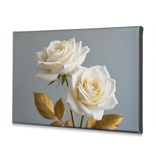 Décoration de Pâques toile 3 roses blanches feuilles dorées salon 40x60cm